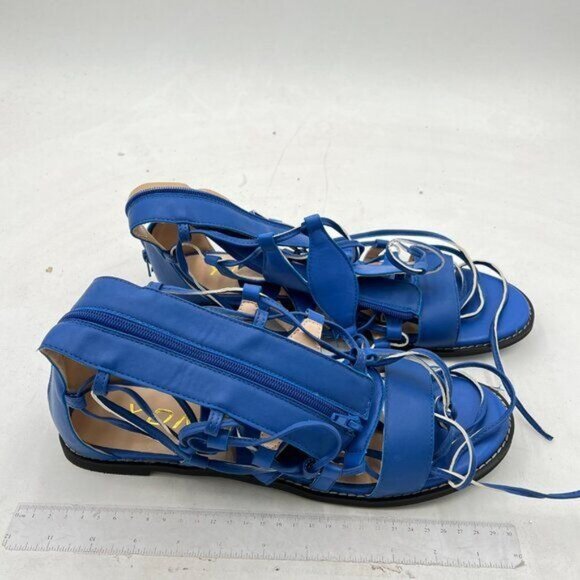 YDN Blue Knee High Lace up Flats Fringe Low Heel Gladiator Strap Sandals Shoe - Picture 4 of 8